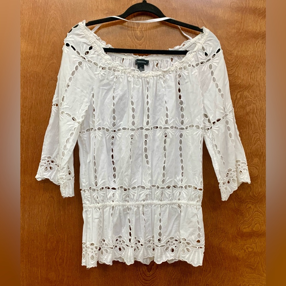 INC embroidered white cotton eyelet peplum 3/4 sleeve blouse size 12